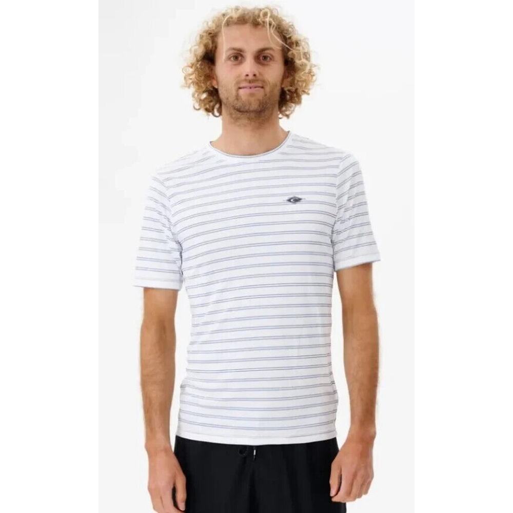 Rip Curl Surflite UPF 50+ Rash Guard Mens Small White Blue Striped Surf Shirt